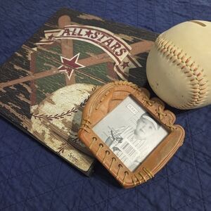 Baseball Decor Sign, Coin Bank & Frame.
